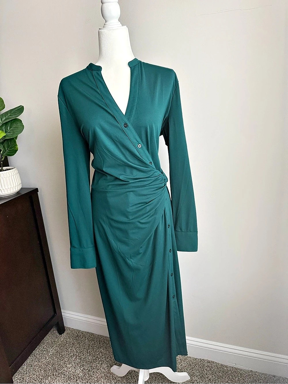 Ann Taylor Ruched Button Down Wrap Maxi Dress in Emerald Green, New w/tags